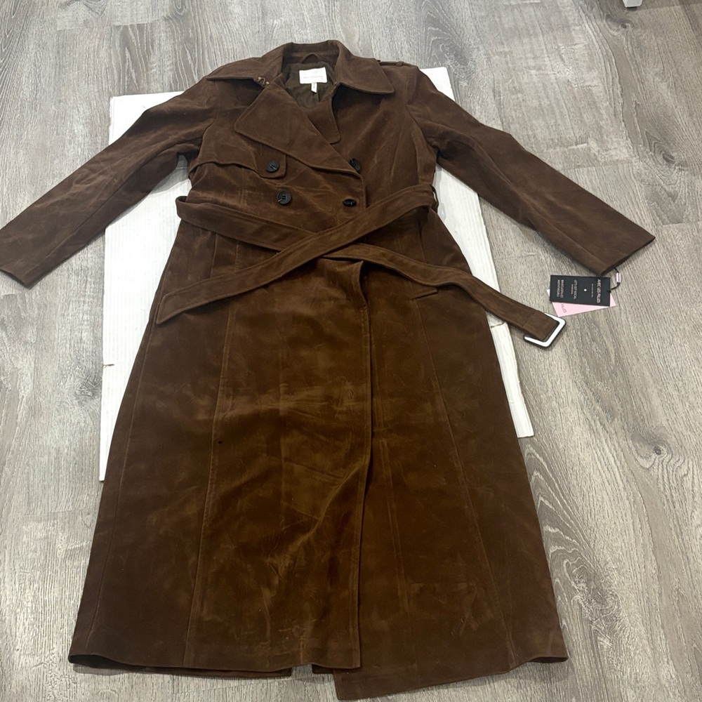 Avec Les Filles Brown Suede Double-Breasted Trench Coat - Picture 7 of 16